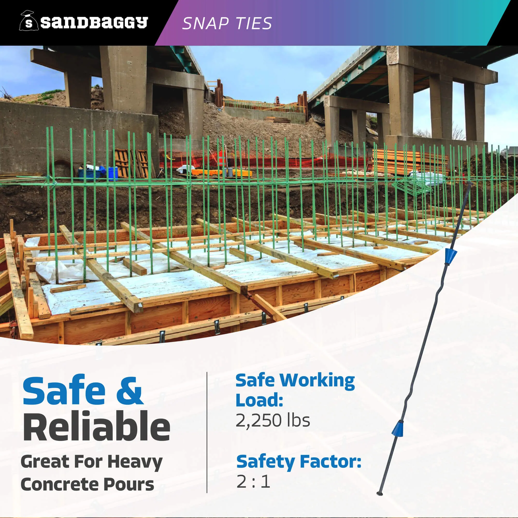 14" x 4 ¾" Standard Snap Ties For Concrete Forms (Short End) - 1" Plastic Cones