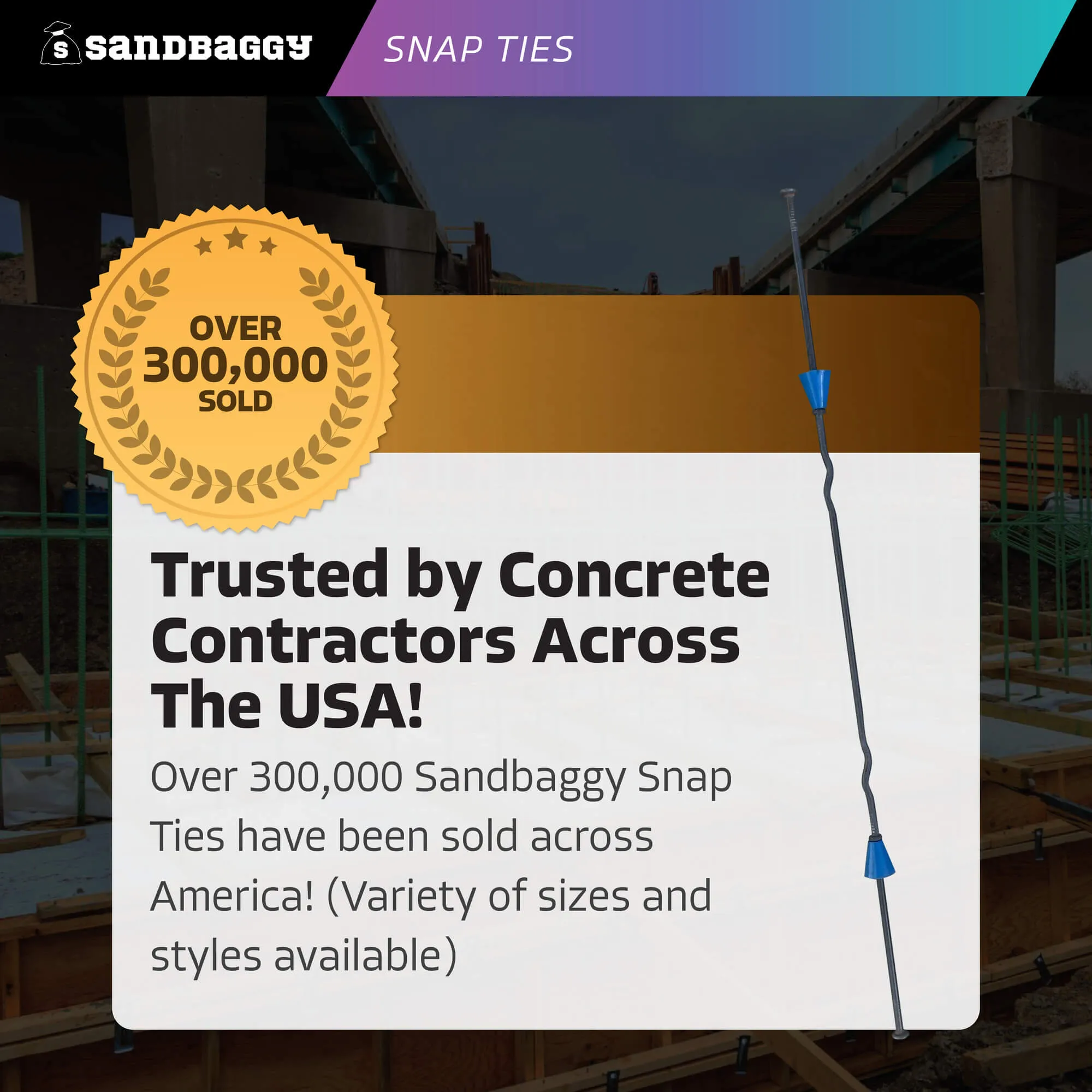 14" x 4 ¾" Standard Snap Ties For Concrete Forms (Short End) - 1" Plastic Cones