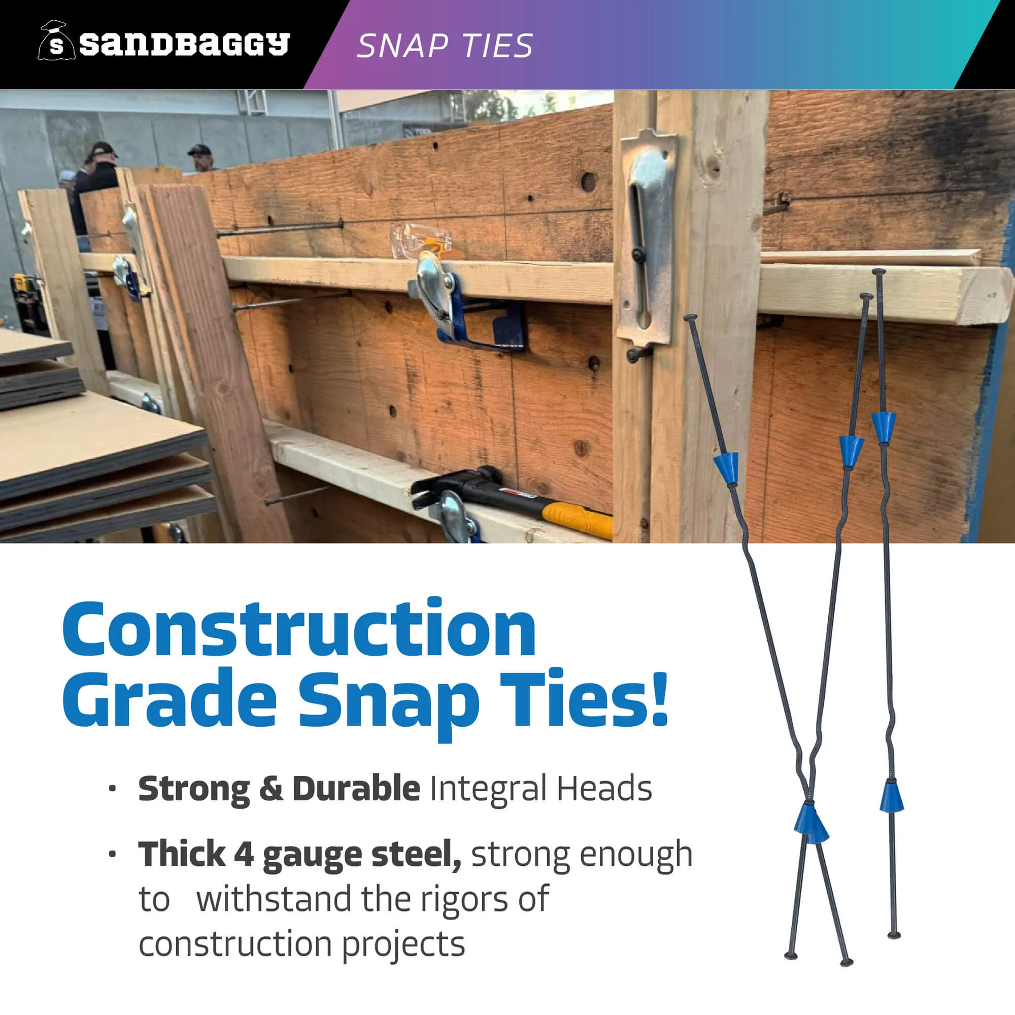 14" x 4 ¾" Standard Snap Ties For Concrete Forms (Short End) - 1" Plastic Cones