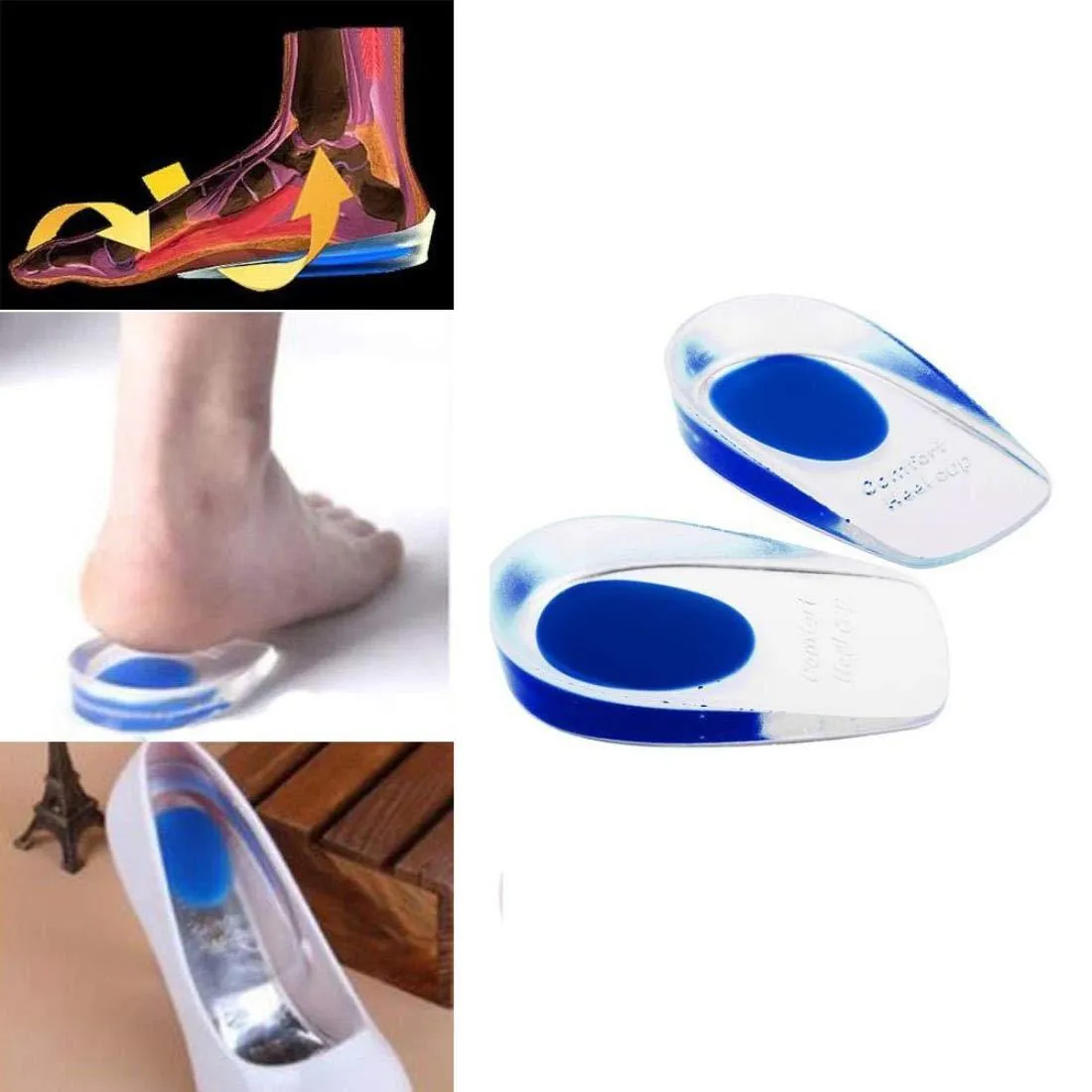 Digital Shoppy 1 Pair Heel Support Pad Gel Silicone Shock Cushion Orthotic Increased Insoles Plantar Care Foot Inserts Soft Half Height(Blue)