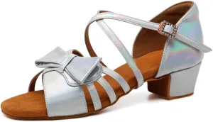 Girls Latin Dance Shoes Cute Bow Ballroom Salsa Professional Performance Practice Dancing Shoes Low Heel, Model EM-L1026
