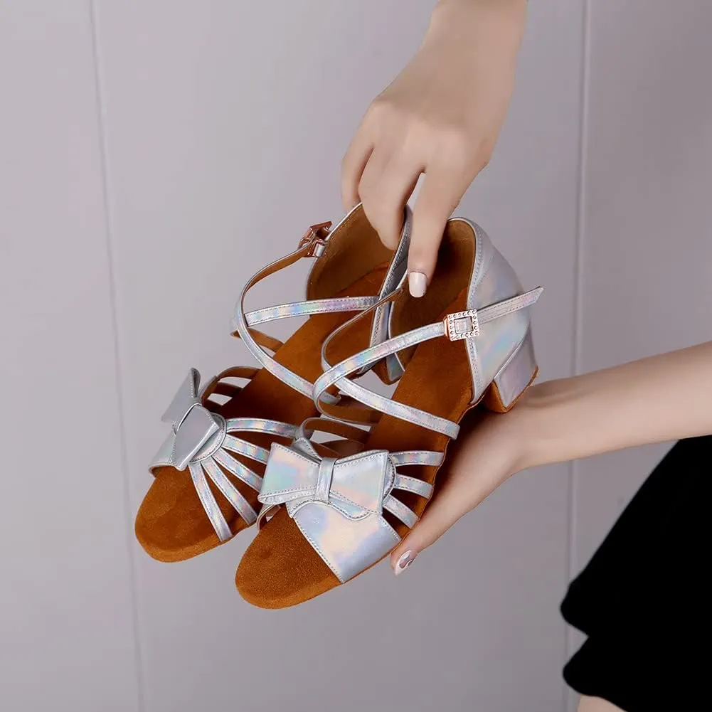 Girls Latin Dance Shoes Cute Bow Ballroom Salsa Professional Performance Practice Dancing Shoes Low Heel, Model EM-L1026