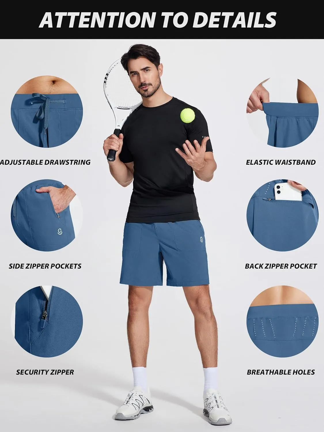Mens Athletic Workout Gym Shorts 7 Inch Inseam Running Sweat Sport Shorts for Men with Zipper Pockets