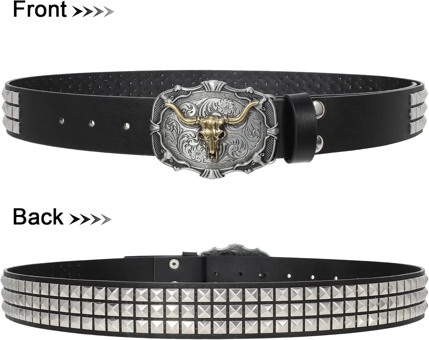 Punk & Cowboy Belts for Men & Women, PU Leather Western Punk Rock Belt with Western Bull Buckle