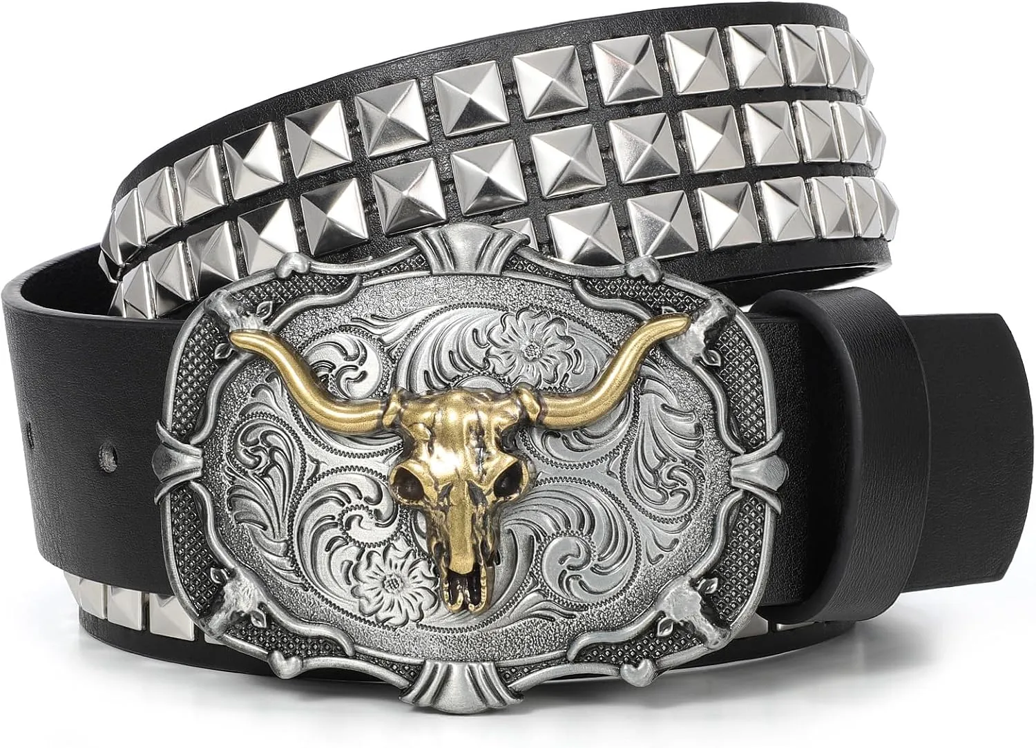 Punk & Cowboy Belts for Men & Women, PU Leather Western Punk Rock Belt with Western Bull Buckle