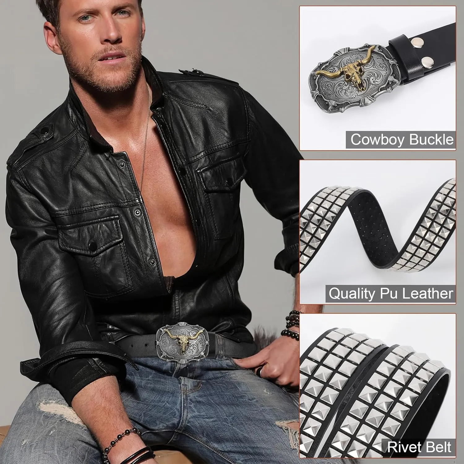 Punk & Cowboy Belts for Men & Women, PU Leather Western Punk Rock Belt with Western Bull Buckle