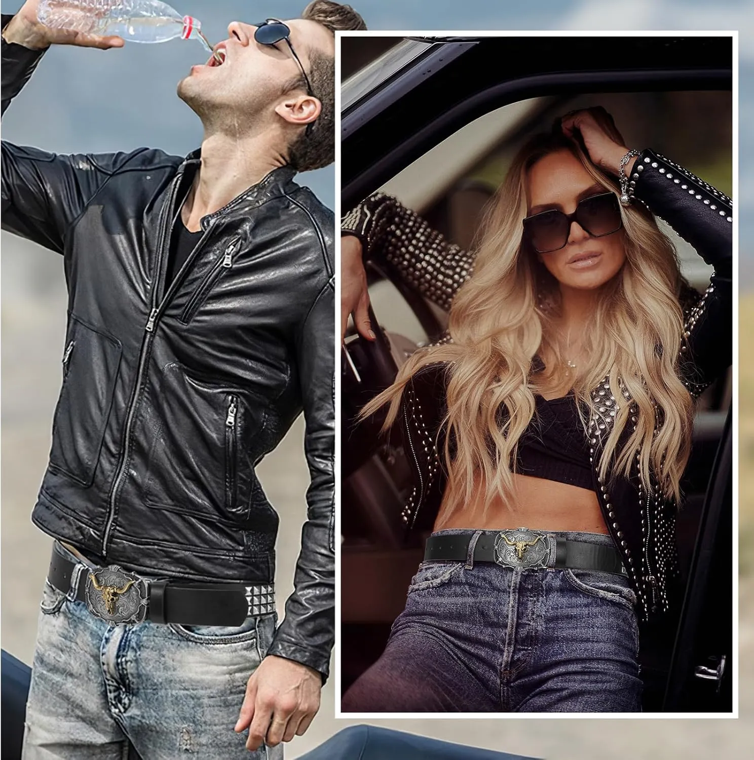 Punk & Cowboy Belts for Men & Women, PU Leather Western Punk Rock Belt with Western Bull Buckle