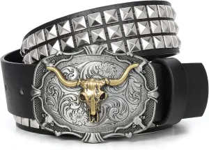 Punk & Cowboy Belts for Men & Women, PU Leather Western Punk Rock Belt with Western Bull Buckle