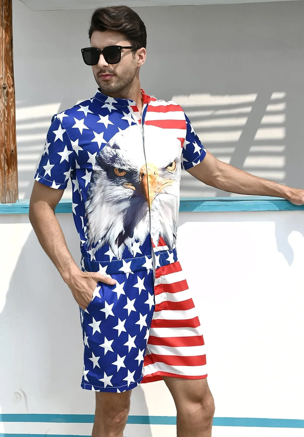 RAISEVERN Mens Romper Zipper Jumpsuit Male Shorts Sleeve One Piece Overalls Bro Outfits