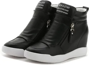 Women 2.75in Hidden Heel Trainers Ladies Arch Support Wedge Casual Sports Shoes Comfort Zipper Height Increasing Athletic Platform High Top Sneakers for Outdoor (Color : Black, Size : 7 US)