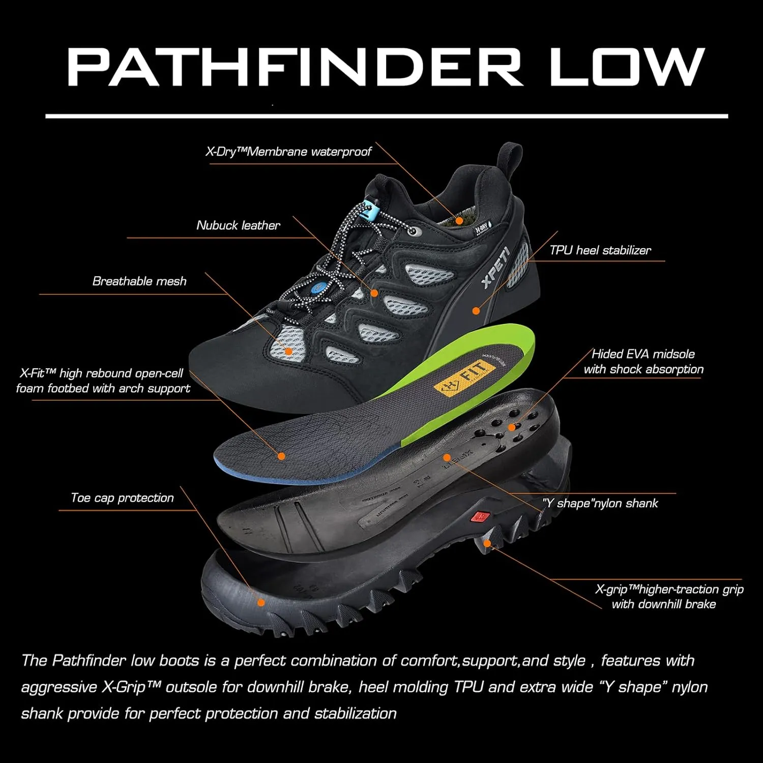 XPETI Mens Pathfinder Low Stretch Waterproof Hiking Shoes